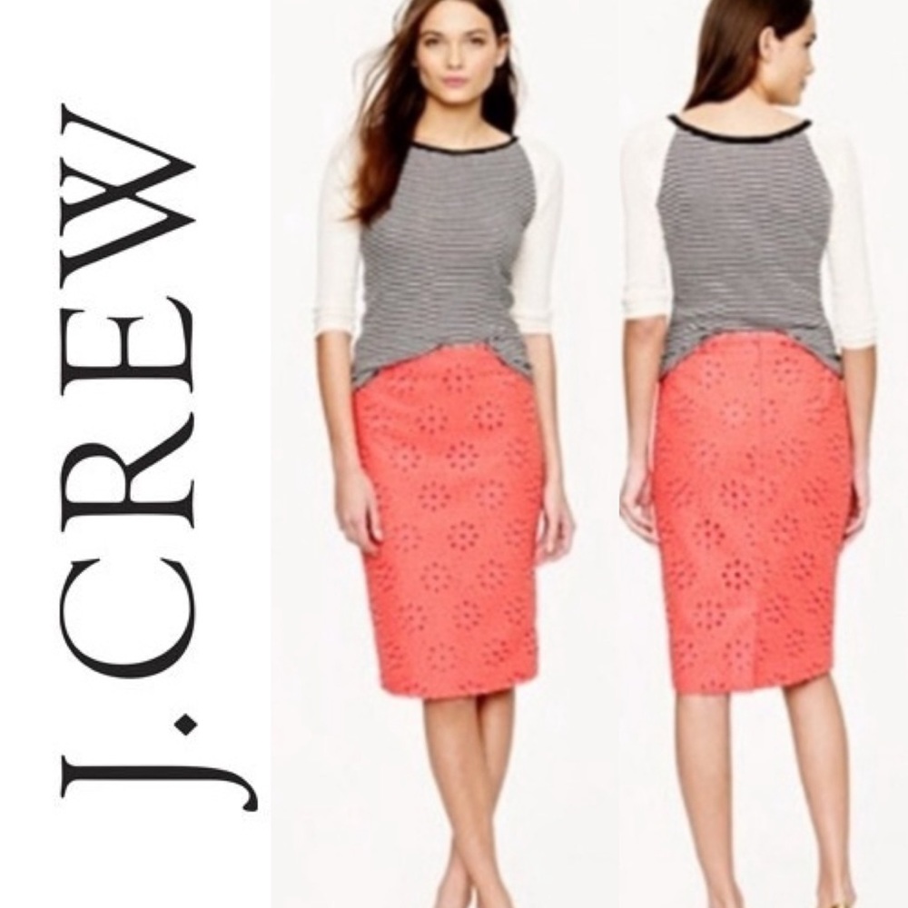 J. Crew Coral Eyelet Lace Pencil Skirt Size 6
